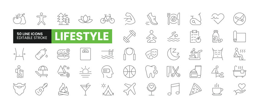Set of 50 Lifestyle line icons set. Lifestyle outline icons with editable stroke collection. Includes Exercise, Spa, Healthy Food, No Smoking, Adventure, and More.