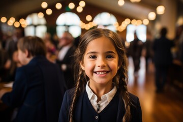 First grade student ringing first bell on first school day, back to school excitement