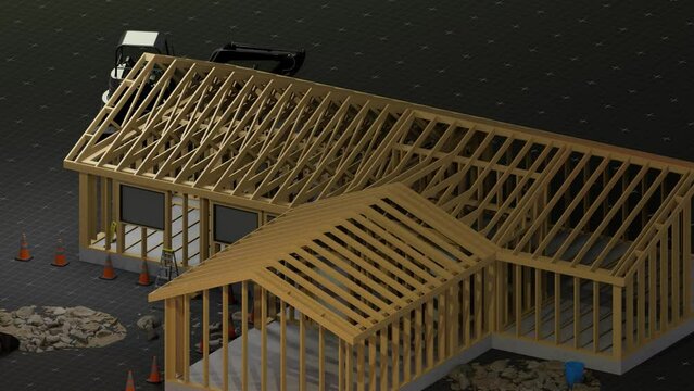 under construction house site, frame structure, with large machines, seamless looping 3D blueprint animation