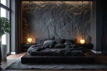 /imagine A cozy bedroom in shades of charcoal grey, with a textured feature wall, a low platform bed with dark linens, and ambient lighting creating a tranquil atmosphere.