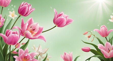 Fototapeta premium pink tulips on green background
