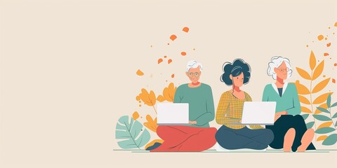 Three women of different ages are sitting on the ground and using laptops.