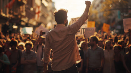 Dynamic back view of a man leading a large protest rally in an urban setting