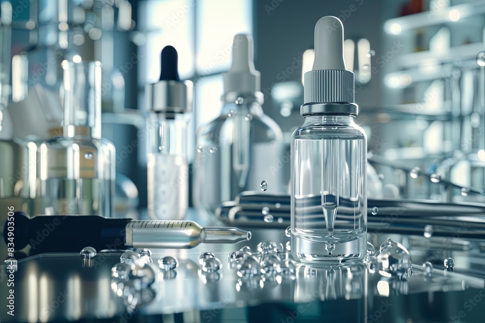 Aufkleber a close-up view of glass dropper bottles filled with a clear liquid, surrounded by laboratory equipm