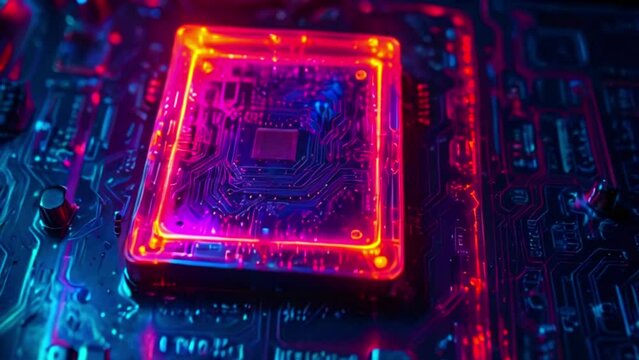 This is an illustration of a computer processor. It is glowing red and blue.