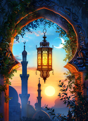 Arabic lantern hanging with a sunset background