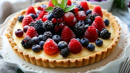 A delicious fruit tart with a buttery crust, creamy custard filling, and fresh berries arranged artfully on top, served on a white porcelain platter.