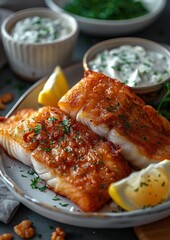 Fried Catfish - Fried catfish fillets with a side of tartar sauce. 