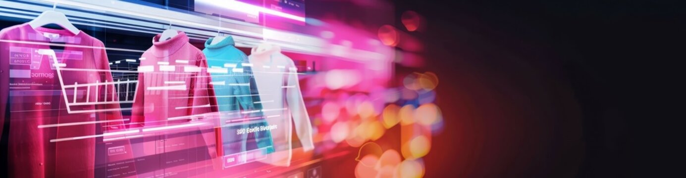 Abstract image of fashion collection on hangers with bright neon lights and bokeh effect, emphasizing modern and vibrant style.