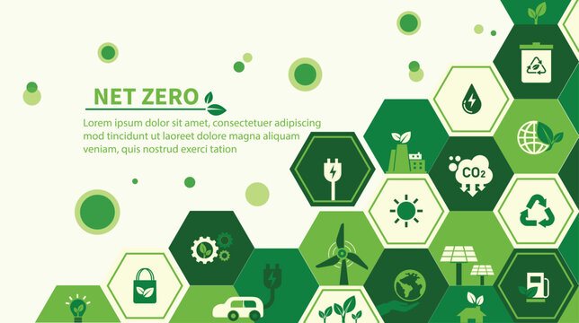 Net zero and carbon neutral concept. Net zero greenhouse gas emissions target. Climate neutral long term strategy with green net zero icons. Environment web banner with green city vector template.