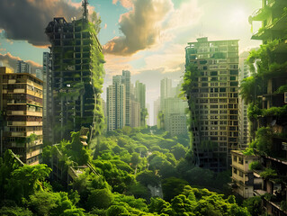 A once bustling city now consumed by wild overgrowth, an eerie and post-apocalyptic scene unfolds.