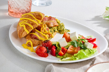 Delicious Combo Breakfast with Bacon Croissant and Vegetable Salad