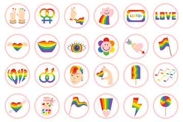 Set of vector icons with lgbtq community symbols in flat style. Sexual orientation concept symbols.