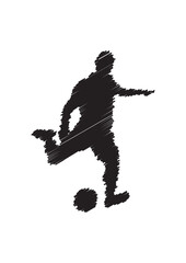 Fototapeta premium Football player kicking ball, isolated vector silhouette. Soccer logo drawing.