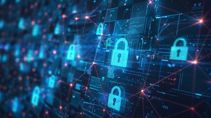 Digital security network with glowing padlocks representing cybersecurity and data protection. Abstract technology background.