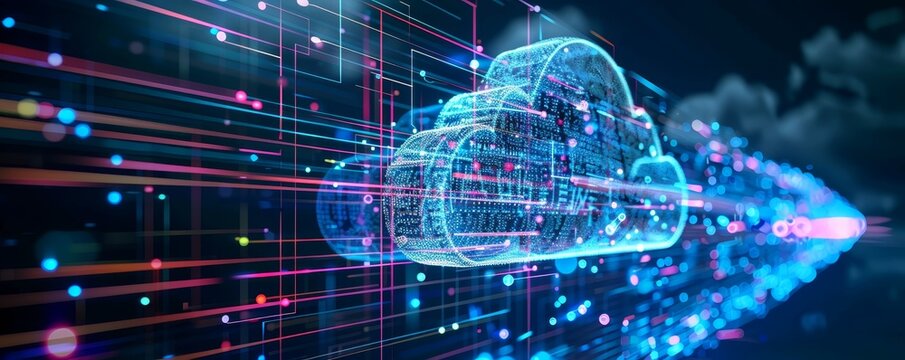 Digital cloud technology graphic with data networking lines, representing cloud computing and futuristic tech concepts.