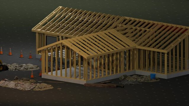 under construction house site, frame structure, with large machines, seamless looping 3D blueprint animation