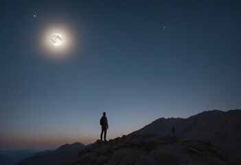 Fototapeta premium Man gazing at the moon from the mountaintop in silhouette under a starry sky