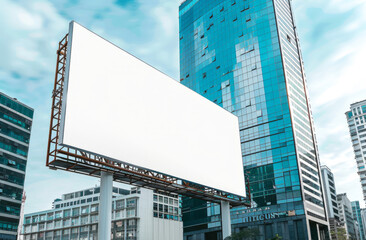 Billboard with blank canvas against city towers