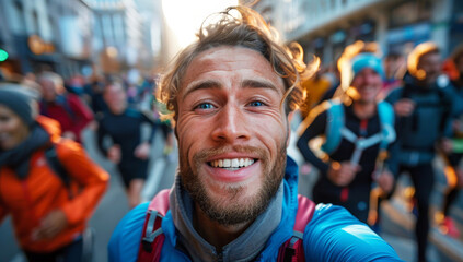 Fototapeta premium Smiling man taking selfie during marathon with runners in background
