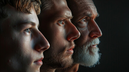 The faces of young, middle-aged, and old men