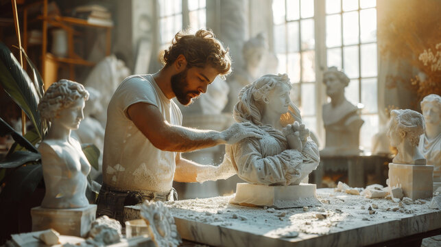 Talented sculptor meticulously chisels a marble statue in a sunlit studio, surrounded by classical busts