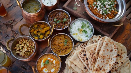 A feast of vegetarian Indian dishes including baingan bharta, dal makhani, and aloo paratha, served with pickles and yogurt.