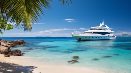 Obraz premium Exclusive Vacation: Private Yacht Anchored Near Pristine Sandy Beach Under Clear Skies. Generative AI