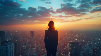 Fototapeta premium Silhouette of a businesswoman atop a skyscraper during sunset