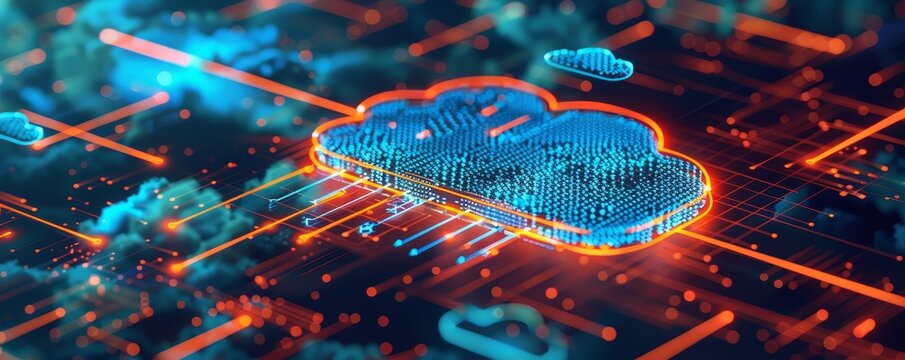 Futuristic digital concept of cloud computing technology with glowing elements and data connections in a virtual environment.