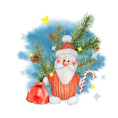 Charming watercolor knitted Santa Claus at the Christmas tree, with a bag of gifts. Watercolor illustration of a knitted Santa Claus toy, hand-drawn.