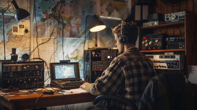 Man operating a vintage amateur radio station surrounded by equipment and maps