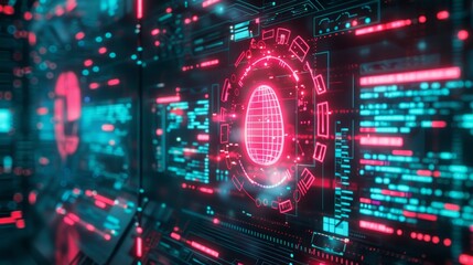 Fototapeta premium Futuristic digital interface with glowing red and blue elements displaying data and cybersecurity themes.