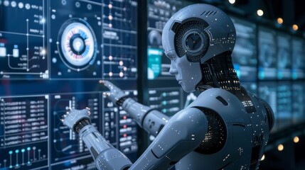 Fototapeta premium Futuristic robot operating digital interface in advanced technology control room, showcasing AI and machine learning capabilities.
