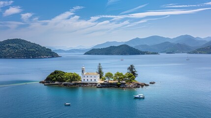 Fototapeta premium a small Greek island adorned with a white church, surrounded by crystal-clear turquoise waters, and lush pine trees in the village.
