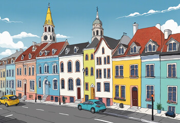 Fototapeta premium Vibrantly painted cityscape featuring whimsical cartoon architecture and vibrant colors - artistic urban illustration