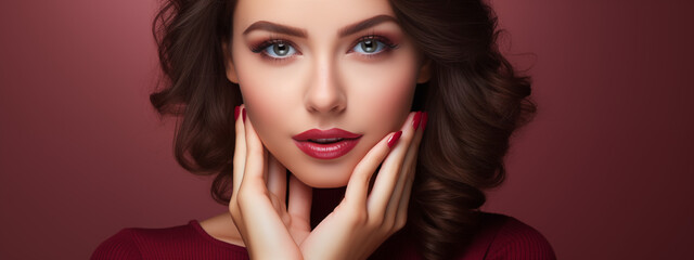 Naklejka premium Elegant Woman with Burgundy Makeup and Nails
