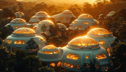 Futuristic dome homes nestled in a dense forest, bathed in golden sunset light.