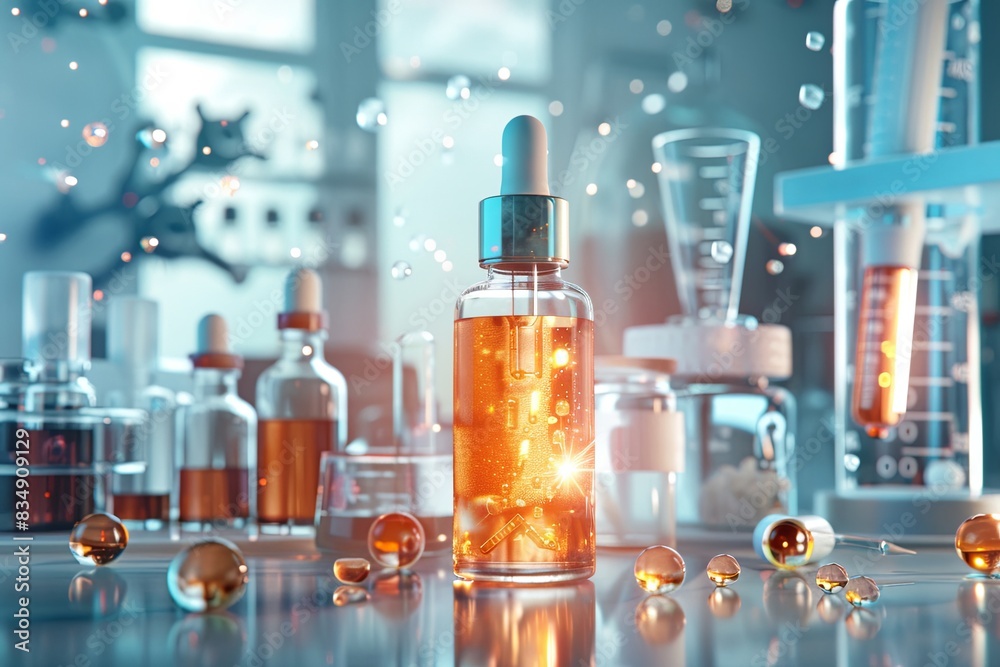 Poster a close-up view of glass dropper bottles filled with serum, with droplets of liquid on a laboratory 