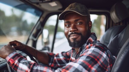 A man with a beard and a hat is driving a truck