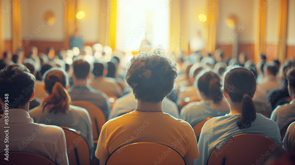 Poster an audience in a conference room looking towards a speaker, with a warm light background, capturing 