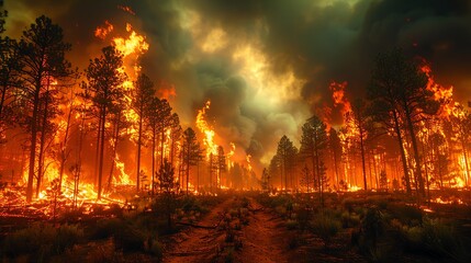 A fiery inferno engulfs a mountain range, casting an ominous glow across the landscape.