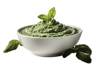 a bowl of green sauce with leaves