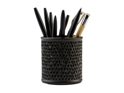 a black pen holder with pens and pencils