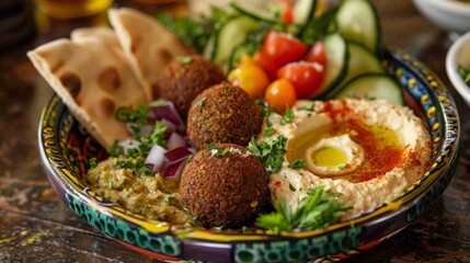 A Mediterranean platter with hummus, falafel, pita bread, and fresh vegetables, set in a vibrant and colorful setting.