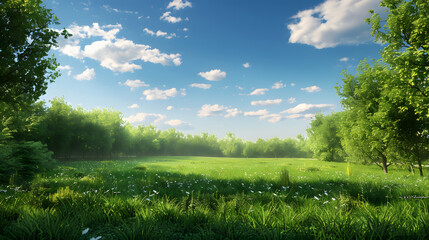 Beautiful blurred background image of spring nature with a neatly trimmed lawn surrounded by trees against a blue sky with clouds on a bright sunny day.