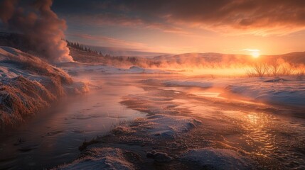 Majestic Sunset Over a Frozen Landscape with Mist Rising from the River
