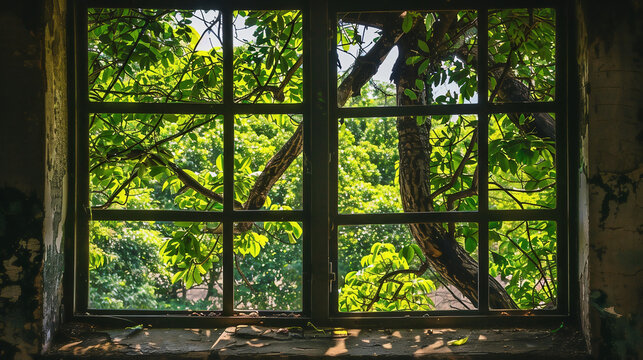 Fototapeta view from the window of an abandoned house in the village.