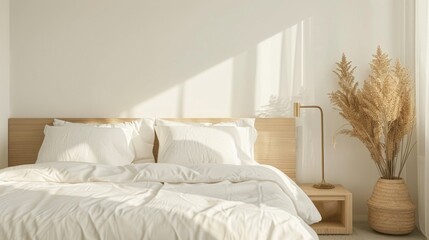 A minimalist-style bedroom with a platform bed, crisp white linens, and minimal decor, creating a peaceful and serene atmosphere for relaxation.