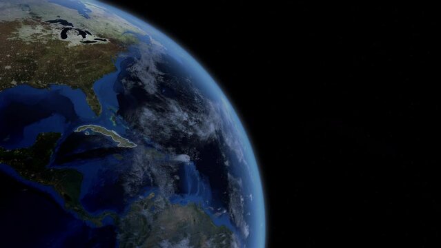 Fly Zoom into Cuba, Havana, Santiago de Cuba, through space to see the country map region from above from space. Detailed map Showing area, HD and 4K. Animation.